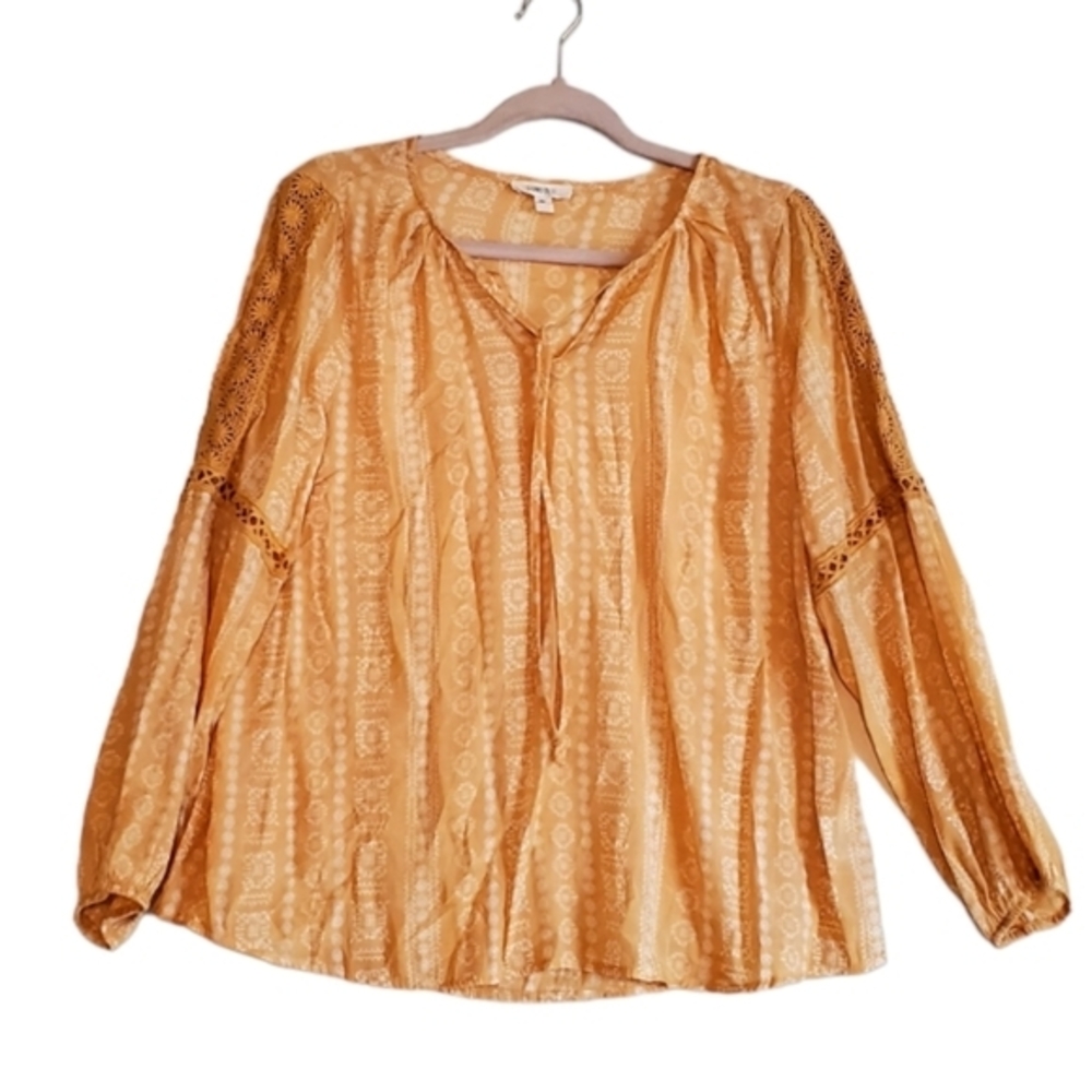 Como Blu Gold Smocktop Blouse Shirt Cutouts Ties Women Size Medium Pre-owned